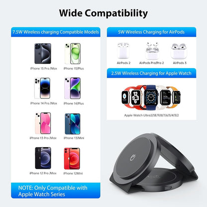 yuoscmc 3 in 1 Wireless Charger, Wireless Charging Station 15W Fast Wireless Charging Pad Mat Compatible with iPhone 14/15/13/12/SE/11/XS/XR, Apple Watch Ultra/9/8/7/SE/6/5/4/3/2, AirPods Pro 2/3/2