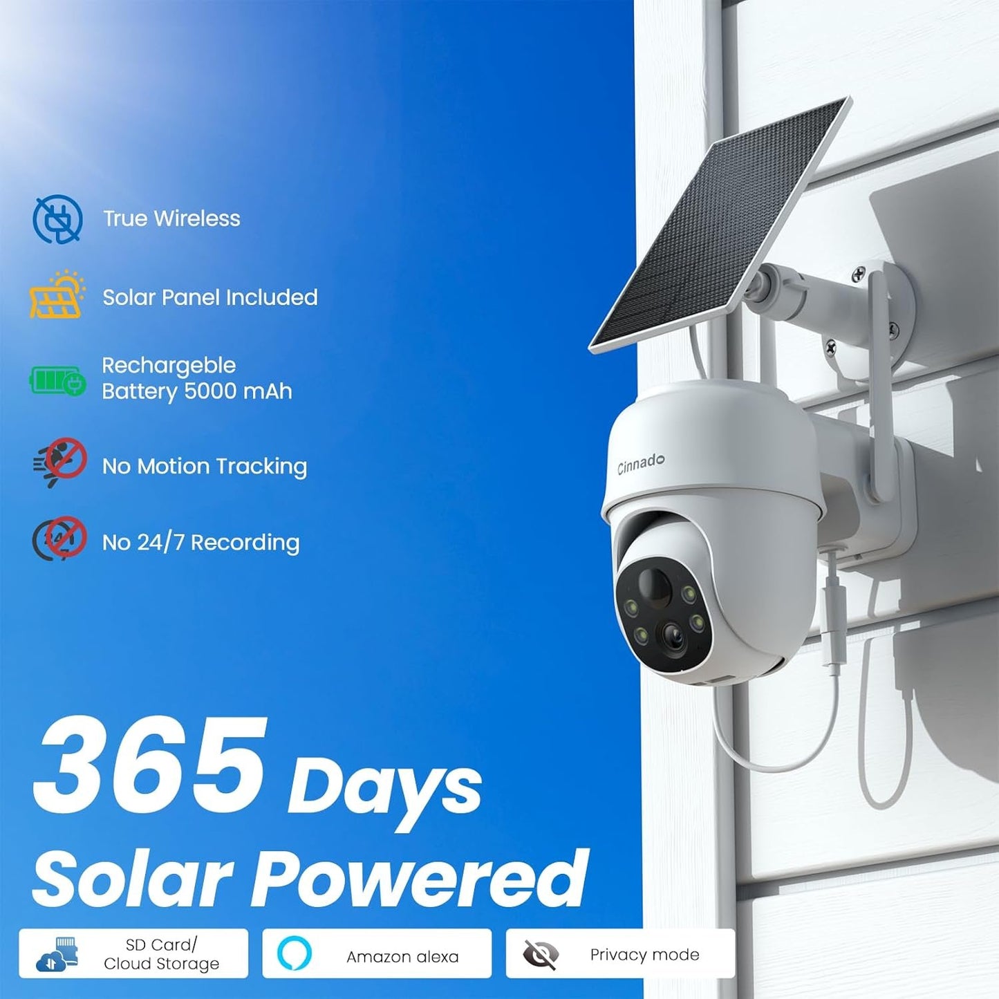 Security Cameras Wireless Outdoor-2K Cameras for Home Security Outside Solar/Battery Powered 2.4G WiFi, 360° Color Night Vision,2 Way Audio, PIR Human Detection,Compatible with Alexa