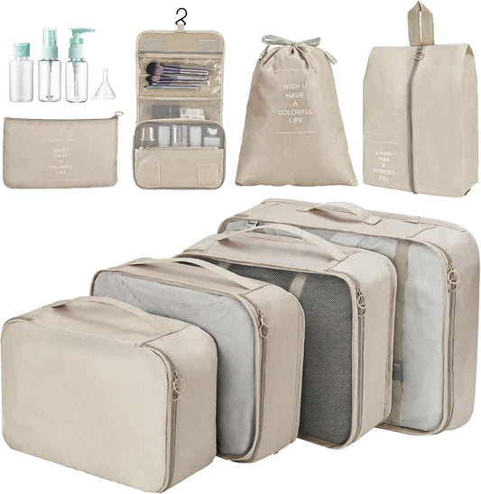 Suitcase Organizer, 11 Pieces Waterproof Packing Cube Set, Separators Bags Travel Travel Organizer with 3 Liquid Travel Containers, for Clothing Underwear Footwear Sacks – Beige