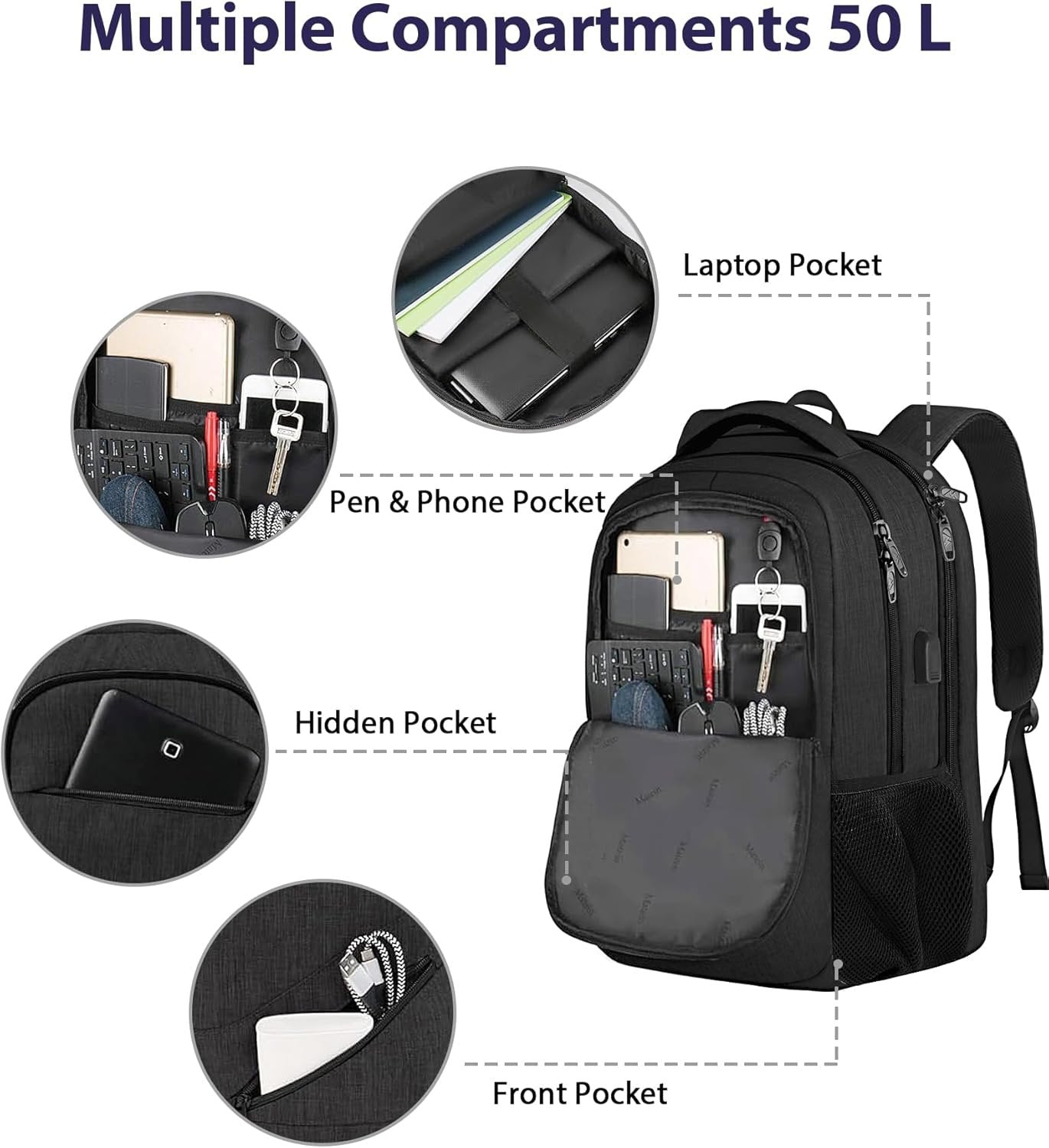 MATEIN Extra Large Business Travel Anti Theft Laptop Backpack, 18 Inch TSA Airline Approved Carryon Backpack for Women Men, Work Bag with USB Port and Luggage Strap, Black