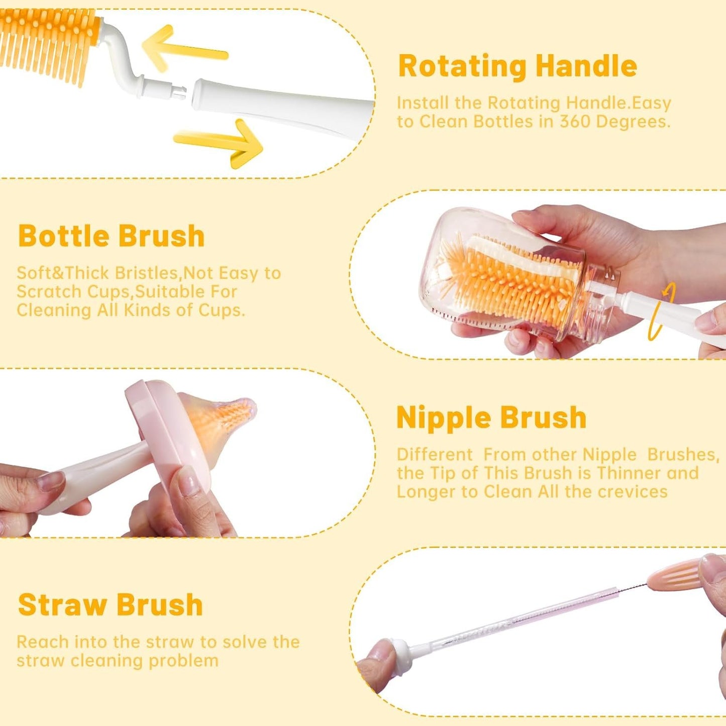 Baby Bottle Brush,Travel Bottle Cleaner Kit,Silicone Bottle Brush,Straw Cleaner Brush,Nipple Brush,Drying Rack-Baby Travel Essentials for Flying(Orange, Cylindrical)