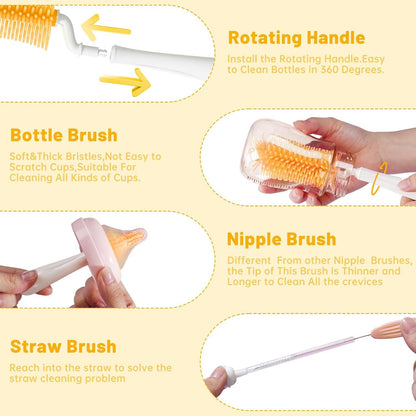 Baby Bottle Brush,Travel Bottle Cleaner Kit,Silicone Bottle Brush,Straw Cleaner Brush,Nipple Brush,Drying Rack-Baby Travel Essentials for Flying(Orange, Cylindrical)