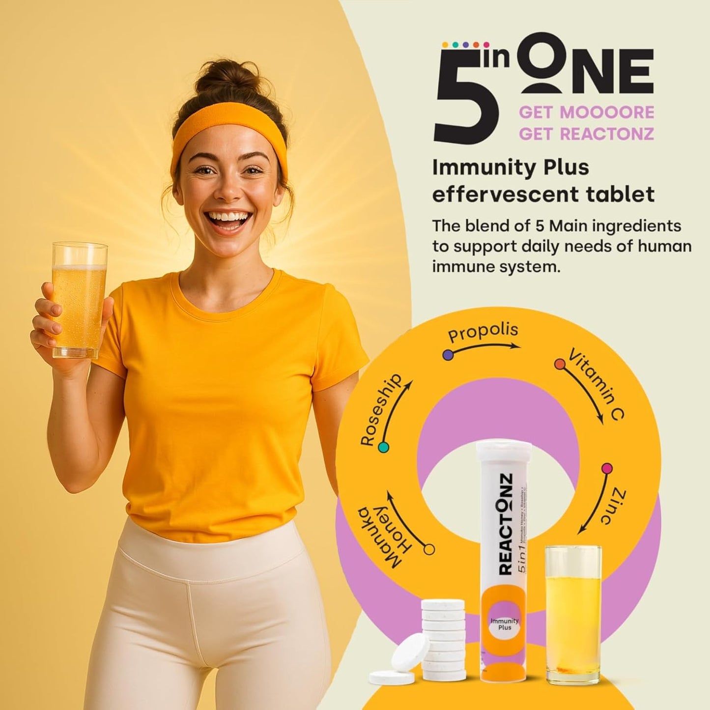 Immunity Plus – Immune Booster Supplement with Vitamin C, Zinc, Manuka Honey, Rosehip & Propolis – Natural Orange Flavour Fizzy Drink for Daily Immune Support (20 Effervescent Tablets)