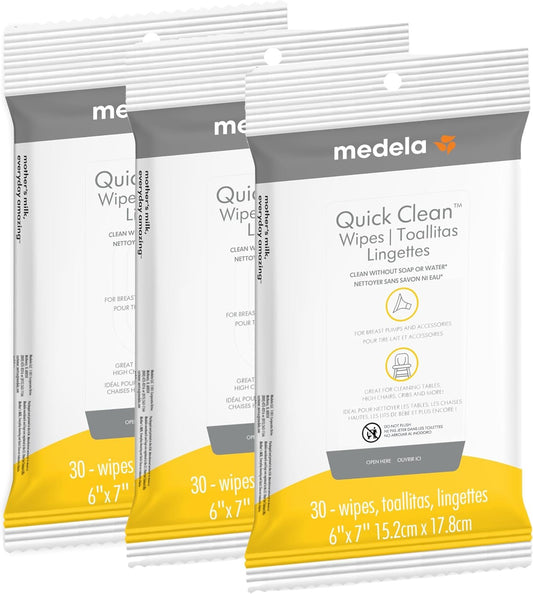 Medela Quick Clean Breast Pump and Accessory Wipes 90ct, 3 Packs of 30 Count, Resealable, Convenient and Hygienic On The Go Cleaning for Tables, Countertops, Chairs, and More