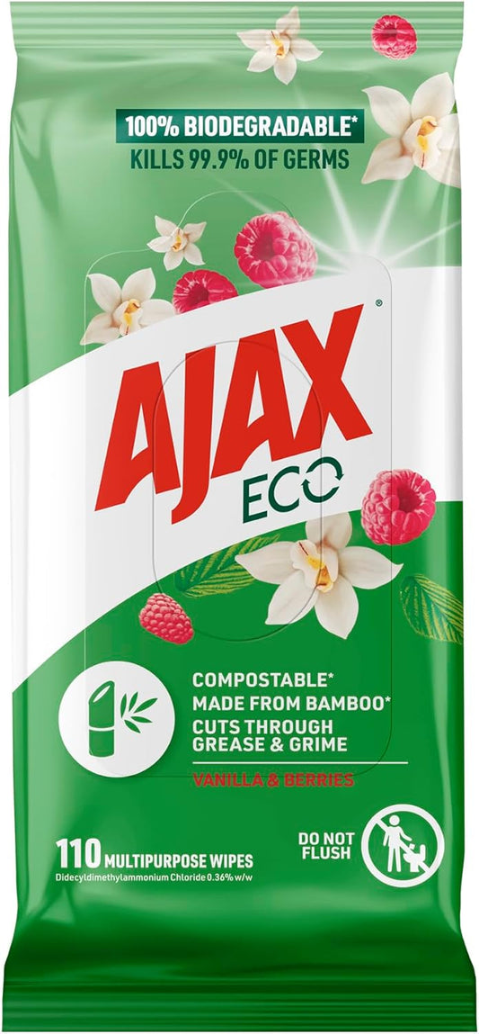 Ajax Eco Antibacterial Disinfectant Surface Cleaning Wipes, Bulk 110 Pack, Vanilla and Berries, Multipurpose, Biodegradable and Compostable, Made with Bamboo Fibres