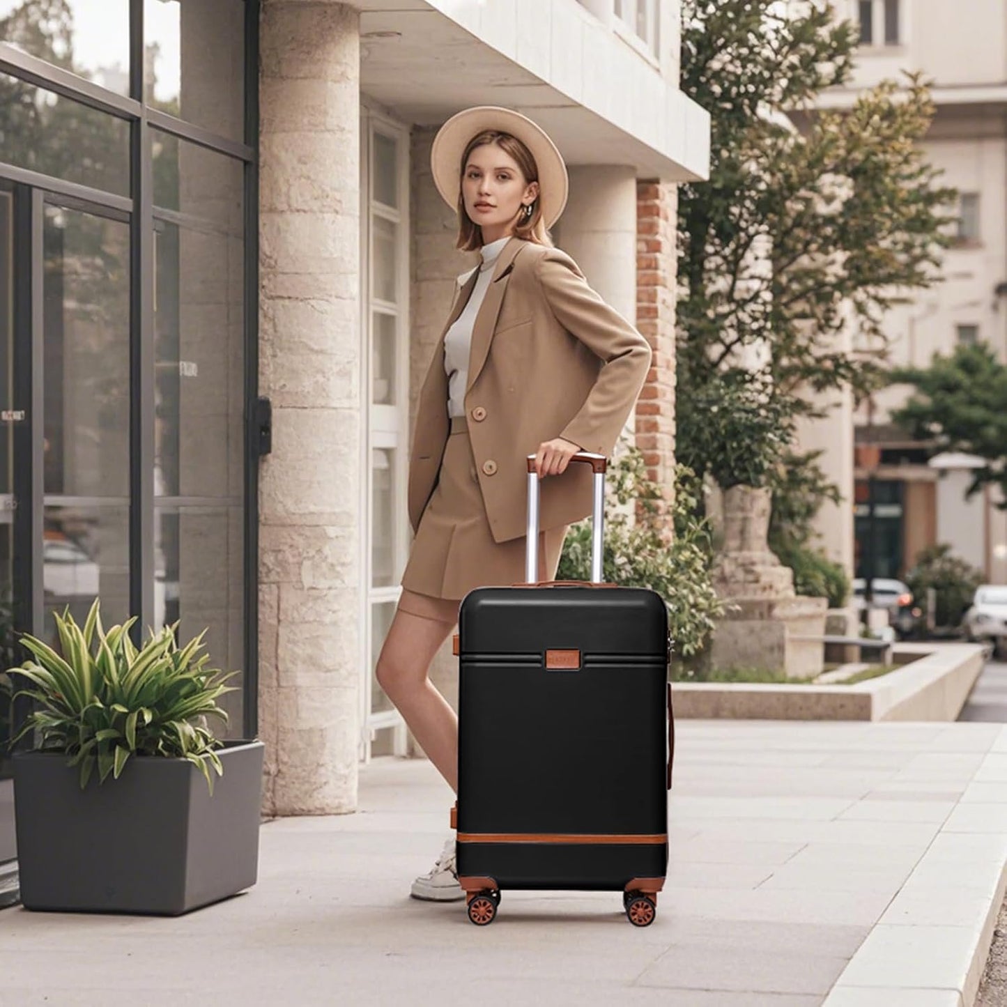Krute Carry on Luggage PC+ABS Luggage TSA Lock Lightweight Hardshell Suitcase with Wheels 20 Inch (Black-Brown)