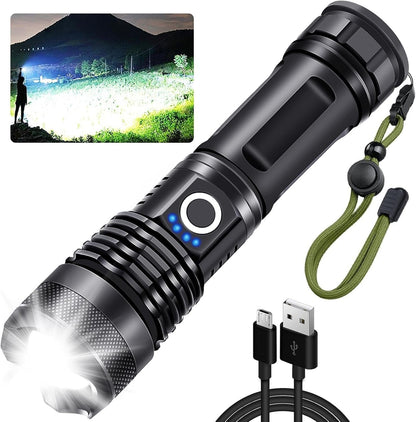 Rechargeable Flashlight, 500000 High Lumens Tactical Flashlight, Brightest Led Flashlight with 5 Modes, Zoomable, Type-c, IPX7 Waterproof, Powerful Flash Light for Camping, Runing, Cycling