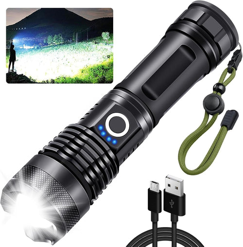 Rechargeable Flashlight, 500000 High Lumens Tactical Flashlight, Brightest Led Flashlight with 5 Modes, Zoomable, Type-c, IPX7 Waterproof, Powerful Flash Light for Camping, Runing, Cycling