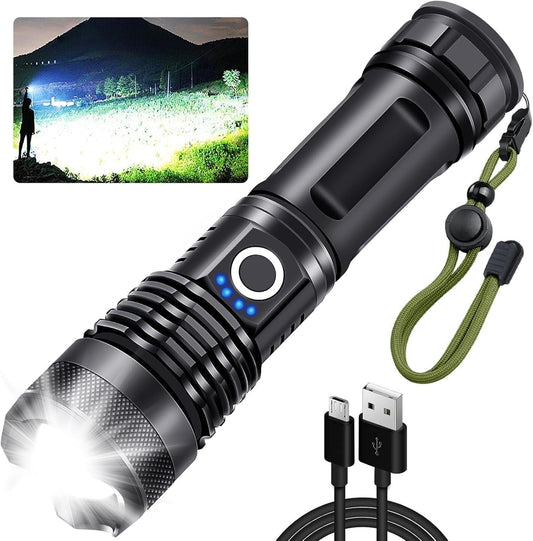 Rechargeable Flashlight, 500000 High Lumens Tactical Flashlight, Brightest Led Flashlight with 5 Modes, Zoomable, Type-c, IPX7 Waterproof, Powerful Flash Light for Camping, Runing, Cycling