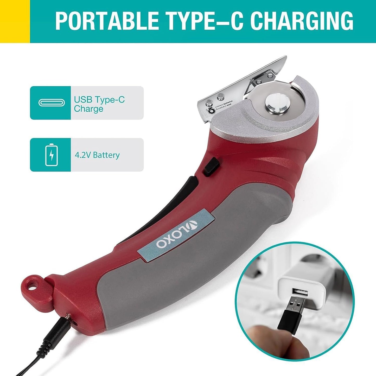 VLOXO Cordless Electric Scissors, AT001 Rotary Cutter for Fabric, Cardboard Cutter 4.2V Muti-Cutting Tools with Safety Lock, Rechargeable Powerful Fabric Cutter for Carpet Leather with Storage Box