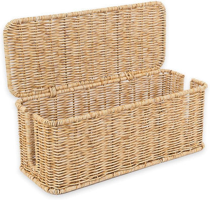 Cable Management Box, Handmade Rattan Cable Organizer, 2 Open Slots Cords Hider Box, Under Desk Cord Organizer for Computer Router USB Hub & Power Strip, Patent Pending, 13" x 5.1" x 5.1", Natural