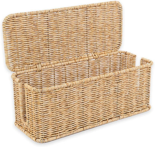 Cable Management Box, Handmade Rattan Cable Organizer, 2 Open Slots Cords Hider Box, Under Desk Cord Organizer for Computer Router USB Hub & Power Strip, Patent Pending, 13" x 5.1" x 5.1", Natural