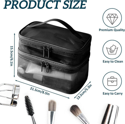 Double Layer Makeup Bag, Large Mesh Travel Cosmetic Pouch with Double Zipper, Vertical Make up Bag, Multifunctional Toiletry Bag for Makeup Brushes (Black)