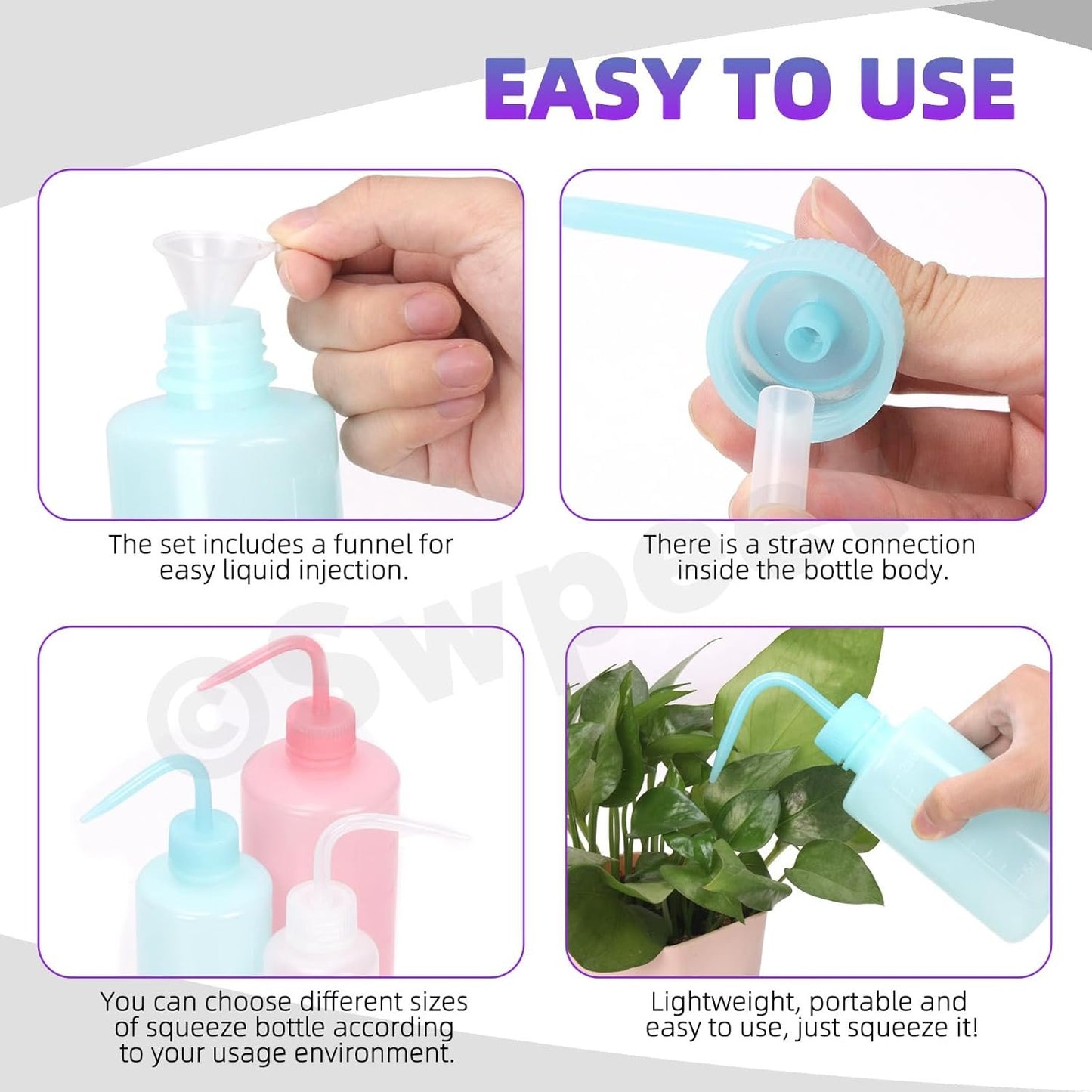 Swpeet 3Pcs 500ML/250ML/150ML Safety Bottles Watering Tools with 5Pcs Small Funnels Assortment Kit, Wash Bottles Water Squirt Bottle Succulent Watering Squeeze Bottle for Irrigation, Plant Washing