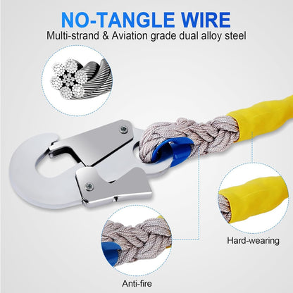 Encreese Self-Retractable Fall Arrester 50FT Double Locking Fall Arrest Protector Fall Protection Gear, Dual Alloy Steel PPE Shell Heavy Duty Hook Cable Wire Rope Roofing Lifeline Safety Lanyard