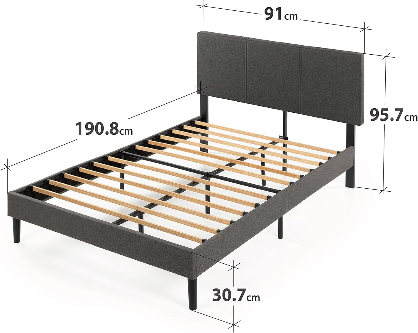 Zinus Bed Frame Single Size CAMBRIL Fabric Grey / Bedroom Furniture/Dark Grey Fabric/Bedroom Furniture, Strong slats