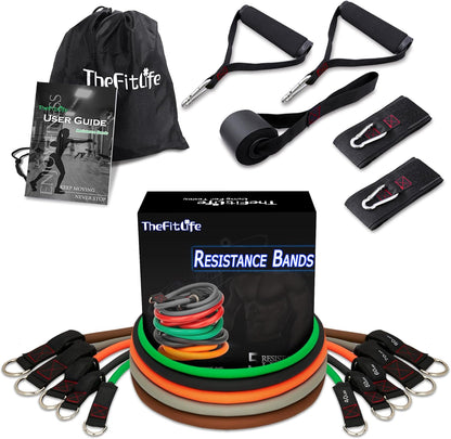 TheFitLife Exercise Resistance Bands with Handles - 5 Fitness Workout Bands Stackable up to 110-300lbs, Training Tubes with Large Handles, Ankle Straps, Door Anchor Attachment, Carry Bag