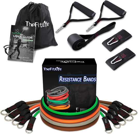 TheFitLife Exercise Resistance Bands with Handles - 5 Fitness Workout Bands Stackable up to 110-300lbs, Training Tubes with Large Handles, Ankle Straps, Door Anchor Attachment, Carry Bag