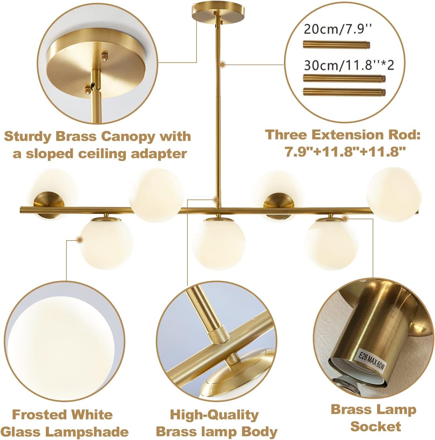 KCO Modern Gold Chandeliers Brushed Brass Ceiling Pendant Light Globe Glass Hanging Light for Dining Room Living Room Bedroom (7-Light)