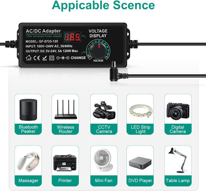 Comius Sharp Universal Power Supply, 3V-24V 5A 120W Adjustable Power Adapter, AC/DC 100V-240V Universal Adapter with 14 Tips and Polarity Converter, for Home Electronics