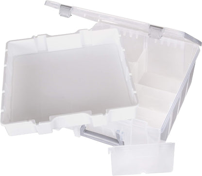 AB Designs 6899ABD Super Satchel Double Deep with Lift-Out Tray and Removable Dividers, Stackable Home Storage Organization Container, Clear with Sliver Latches and Handle