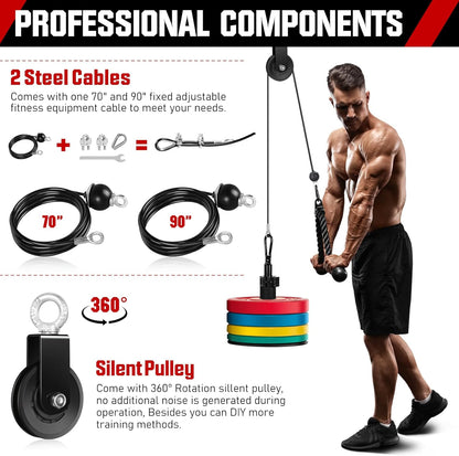 RENRANRING Fitness LAT and Lift Pulley System Gym - Upgraded LAT Pull Down Cable Machine Attachments, Loading Pin, Handle and Tricep Rope, for Biceps Curl, Forearm, Triceps Exercise Gym Equipment