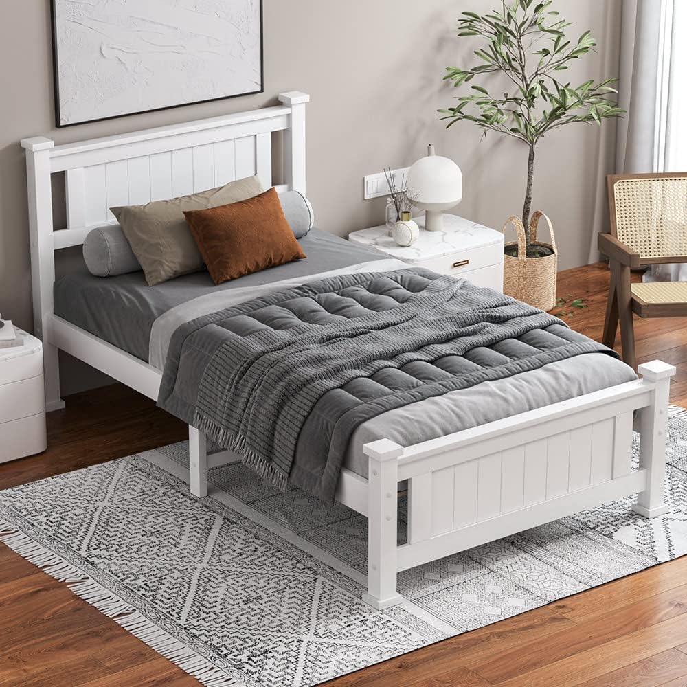 ALFORDSON Bed Frame Single Size Wooden Bed Base with Solid Wood Pine Timber Slats, Mattress Base Platform Support, White Bed Foundation with Storage Space, Arne Series Home Bedroom Furniture