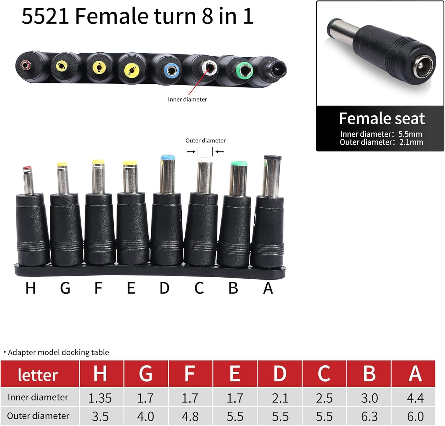 QIANRENON 8-in-1 Universal DC Power Adapter Converter Multi-Gauge DC Power Supply Plug 5.5mm x 2.1mm Female to Male Adapter with DC 5.5 x2.1mm Black Tuning Fork Cable (22cm)