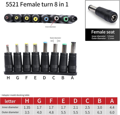 QIANRENON 8-in-1 Universal DC Power Adapter Converter Multi-Gauge DC Power Supply Plug 5.5mm x 2.1mm Female to Male Adapter with DC 5.5 x2.1mm Black Tuning Fork Cable (22cm)
