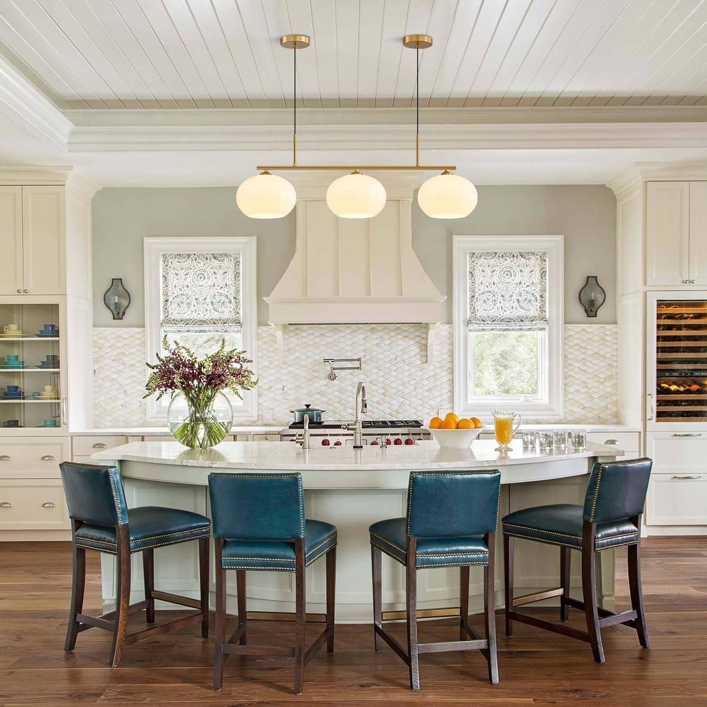 KCO Lighting 3 Light Linear Pendant Lighting Milk Glass Flush Mount Ceiling Light Brass Gold Chandelier Light Fixture Modern Globe Linear Chandelier Dining Room Dining Room Over Table