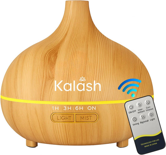 Kalash 500ml Essential Oil Diffuser & Humidifier – Ultrasonic Cool Mist Aroma Diffuser with Remote, 7 LED Lights, Timer, Auto Shut-Off | Oil Diffuser for Home, Yoga, Spa, Bedroom – Light Wood