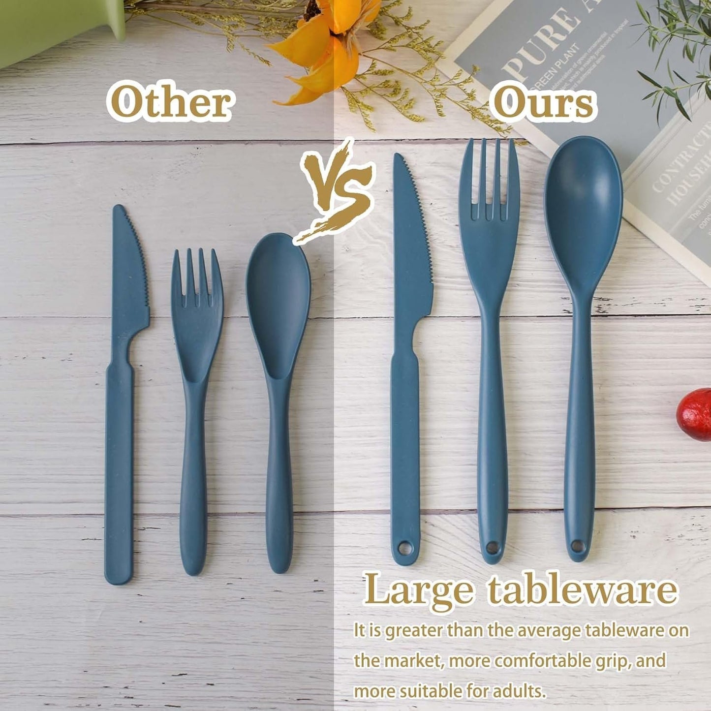 JIABEIUS Large Knives Spoons and Forks Set, 12pcs Reusable Plastic Utensils, Cutlery Set for Lunch Travel School Picnic Camping or Daily Use