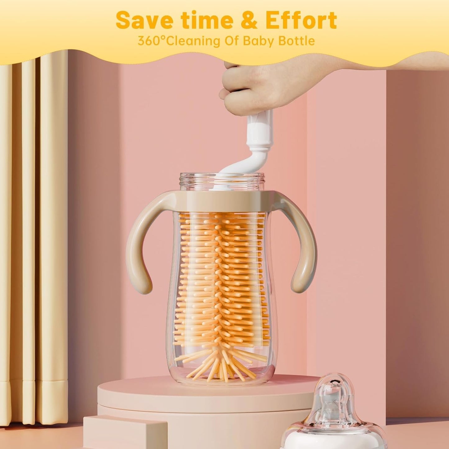 Baby Bottle Brush,Travel Bottle Cleaner Kit,Silicone Bottle Brush,Straw Cleaner Brush,Nipple Brush,Drying Rack-Baby Travel Essentials for Flying(Orange, Cylindrical)