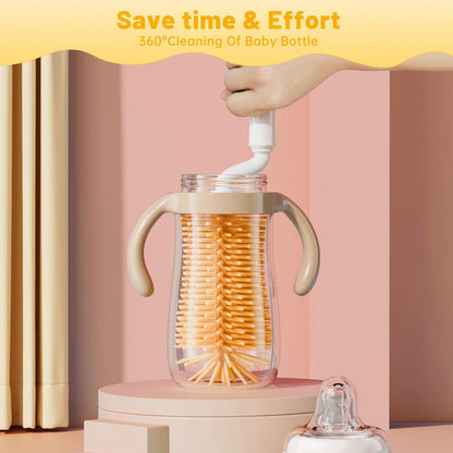 Baby Bottle Brush,Travel Bottle Cleaner Kit,Silicone Bottle Brush,Straw Cleaner Brush,Nipple Brush,Drying Rack-Baby Travel Essentials for Flying(Orange, Cylindrical)