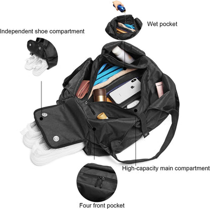 Travel Yoga Gym Bag for Women, Carrying Workout Gear, Makeup, and Accessories, Shoe Compartment and Wet Dry Storage Pockets（Medium，Black）