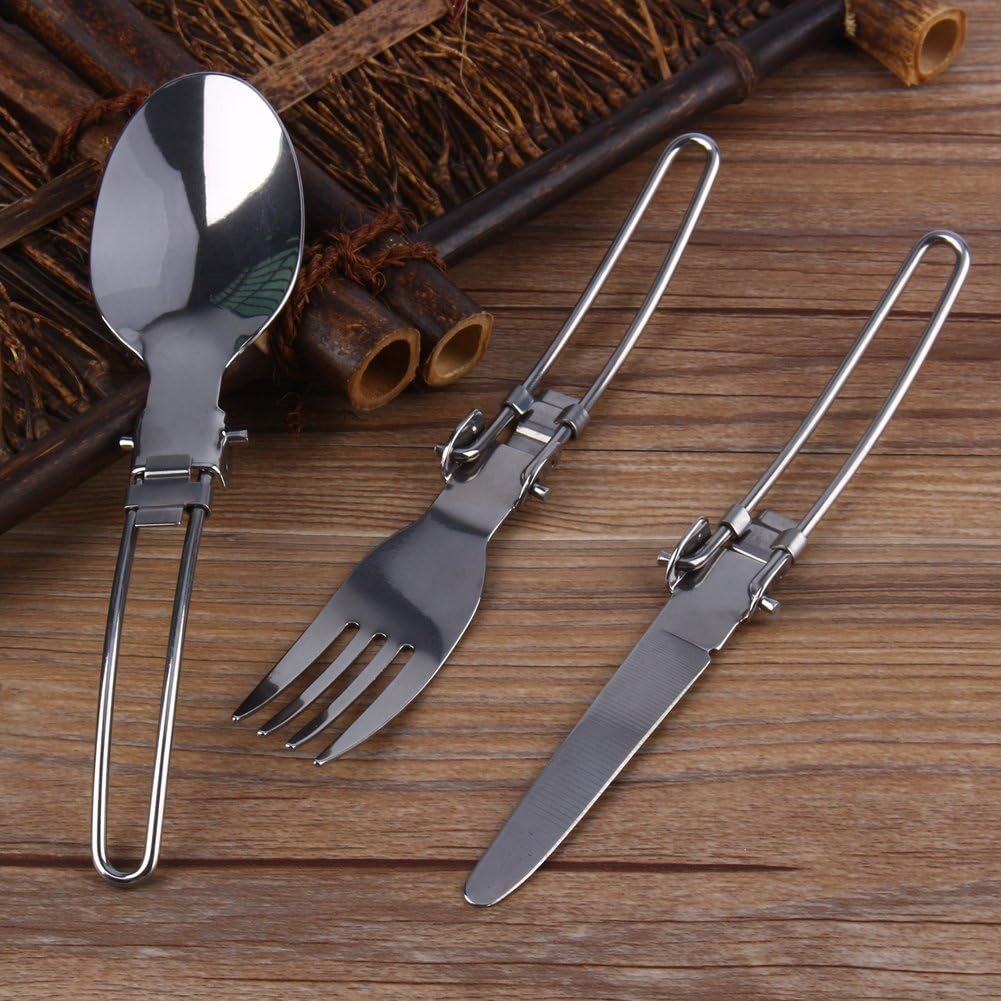 Camping Utensils, Stainless Steel Portable Camping Picnic Folding Cutlery Set with Bag for Outdoor Camping Backpacking Travel Lunch