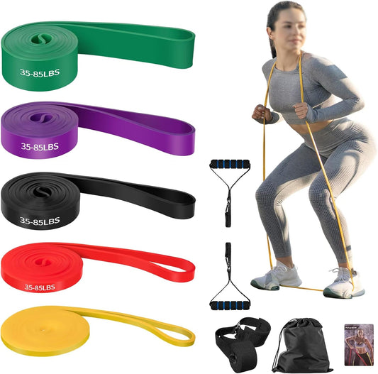 5 Resistance Levels Fitness Bands with Door Anchor and Handles, Gym Bands for Workout Stretching Powerlifting, Elastic Resistance Band for Pull-Up