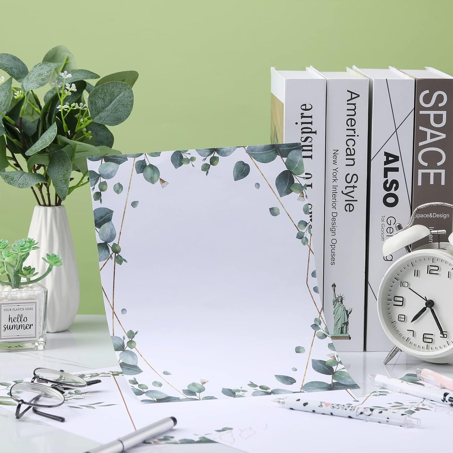 Teling 48 Sheets Decorative Printer Paper Writing Scrapbook Wedding Program Paper 8.27 x 10.6 Inches Greenery Flower Border Writing for Drawing Office Thank Greeting Stationery Supplies(Eucalyptus)