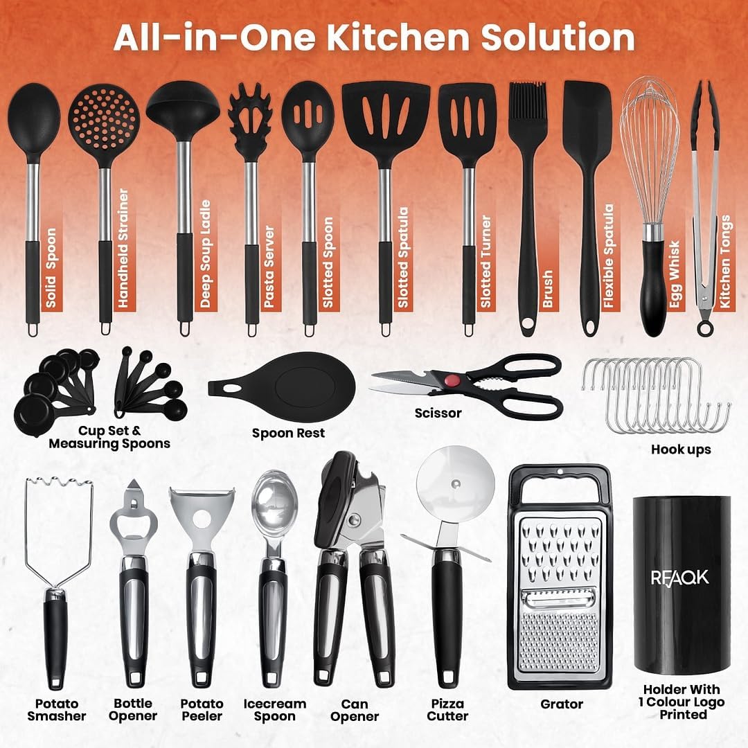 RFAQK Kitchen Utensils Set with Holder, 40PCs Silicone Cooking Utensils for Nonstick Cookware,Heat Resistant Kitchen Tools & Gadgets with Can Opener,Potato Peeler,Tongs, Spatulas, (40 Pcs Black)