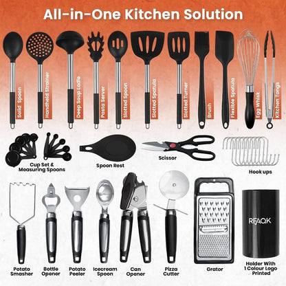 RFAQK Kitchen Utensils Set with Holder, 40PCs Silicone Cooking Utensils for Nonstick Cookware,Heat Resistant Kitchen Tools & Gadgets with Can Opener,Potato Peeler,Tongs, Spatulas, (40 Pcs Black)