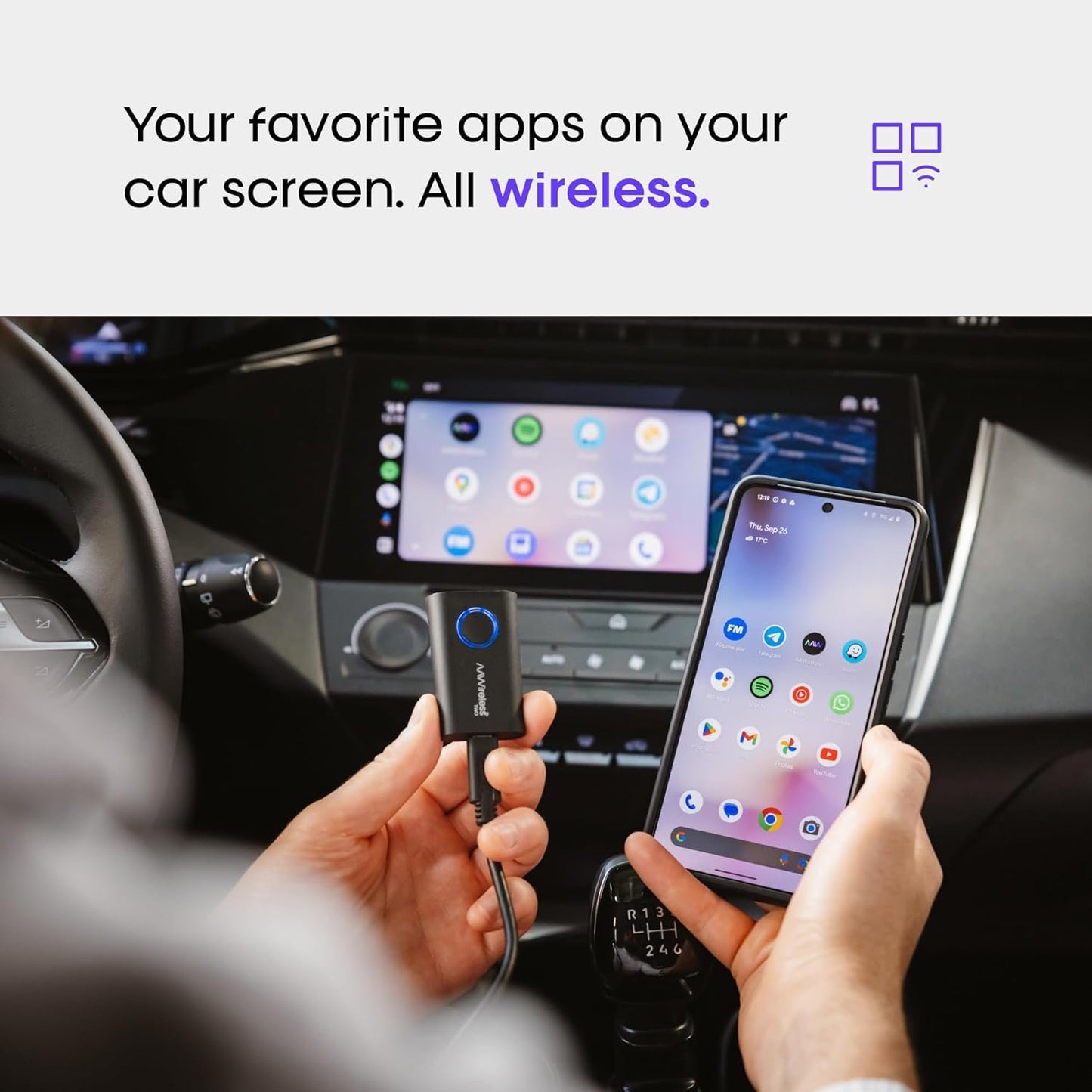 Two - Android Auto Wireless Adapter - Convert Factory Wired Android Auto to Wireless - Multifunctional Button - Easy Plug and Play Setup - Seamlessly Connect Via Bluetooth - Made in Europe