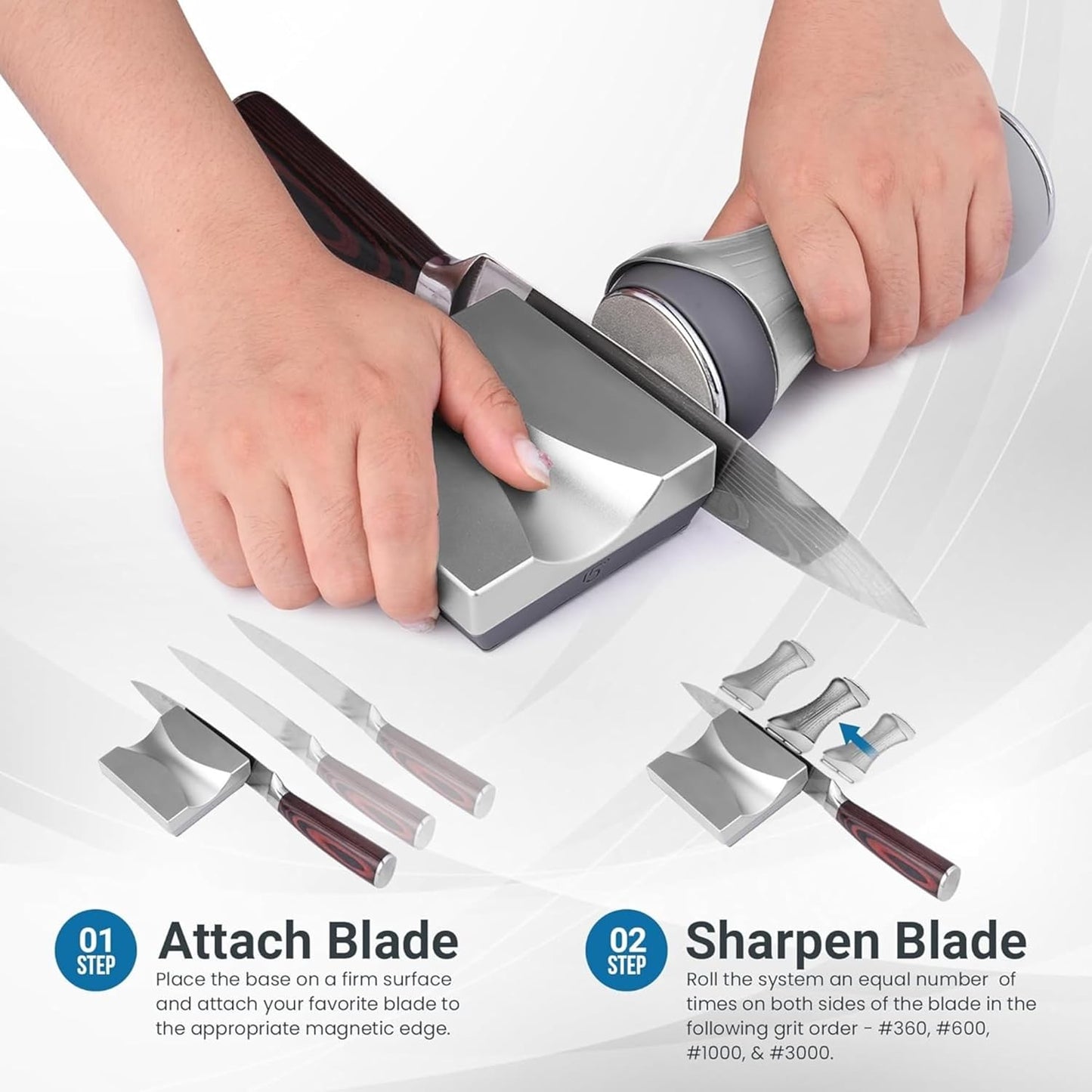 Premium Rolling Knife Sharpener - Knife Sharpener Rolling Kit for All Knives - 360 & 600 Diamond - 1000 & 3000 Whetstone Ceramic Discs - Gripable Handle & Non-Slip Base, Aluminium Design with 4 Angles