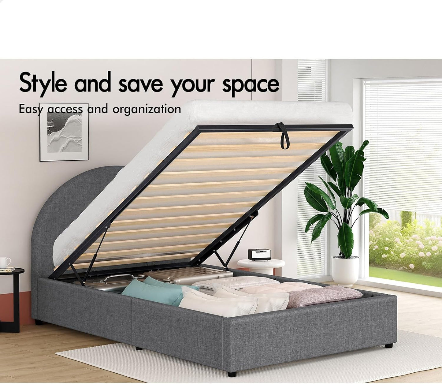 ALFORDSON Single Size Bed Frame with Padded Headboard, Gas Lift Bed Frame with Storage, Grey Fabric