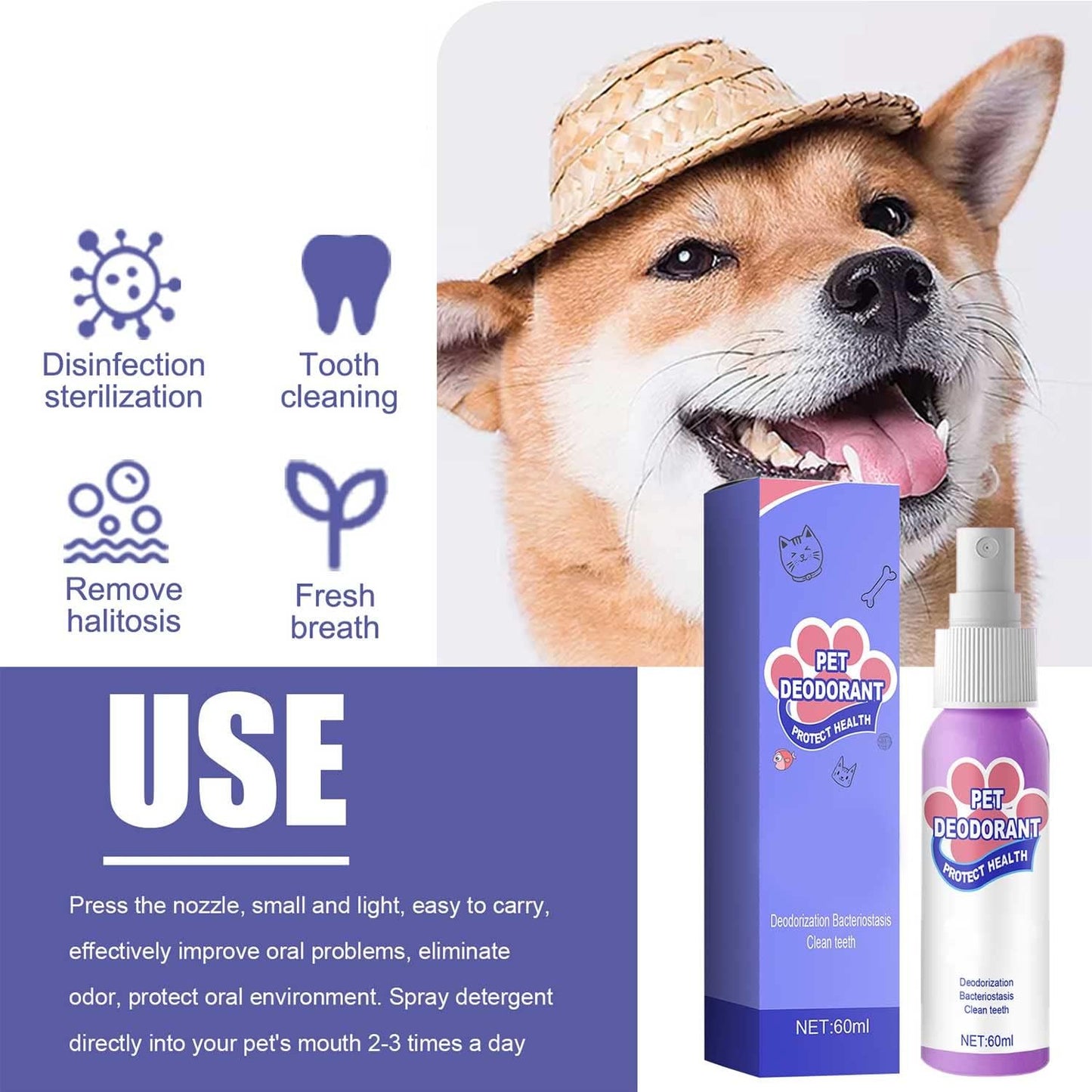 Pet Oral Spray, Teeth Cleaning Spray for Dogs & Cats, New Pet Teeth Cleaning Spray, Pet Breath Freshener Spray Care, Targets Tartar, Plaque Removing, Without Brushing, Eliminate Bad Breath, Pet Oral