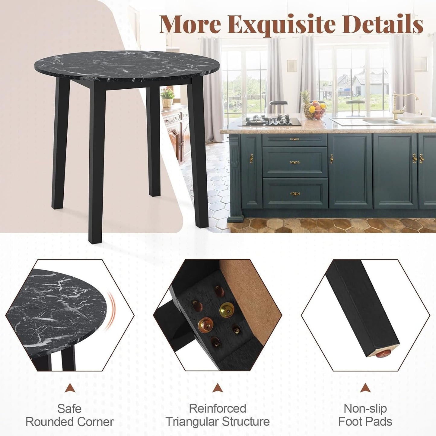 Giantex 35” Round Dining Table - Kitchen Table with Rubber Wood Legs, Marble-Textured Veneer Tabletop, Leisure Table for 2 to 4 Person, Dinette Table for Living Room, Breakfast Table (Black)