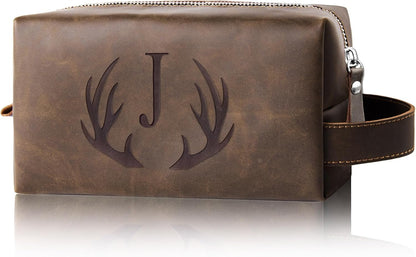 Aganmi Personalized Travel Toiletry Bag for Men Initial Letter PU Leather Waterproof Shaving Bag for Toiletries Accessories Travel Essentials Storage Bags Fathers Day Birthday Gifts for Men, Dark