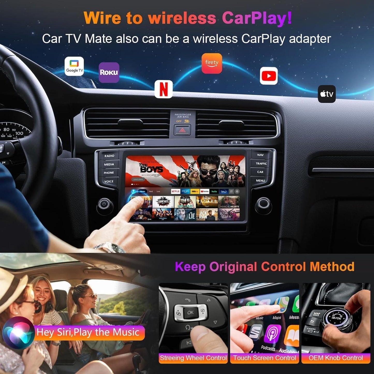 Car TV Mate 2025 Built-in Wireless CarPlay Adapter, Fire TV Stick Converter for Car Plug & Play, Stable Fast, No Latency, HDMl Multimedia Adapter with Factory Wired CarPlay and Most Streaming Devices