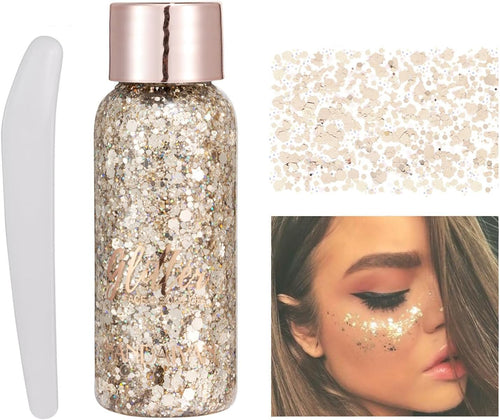 Body Glitter Gel, Face Glitter Gel,Intense Glitter Makeup Face Glitter Gel,Chunky Glitter for Eye Lip Hair Sparkling Body Glitter Gel for Women,Rave Glitter Festival Accessories（Champagne）