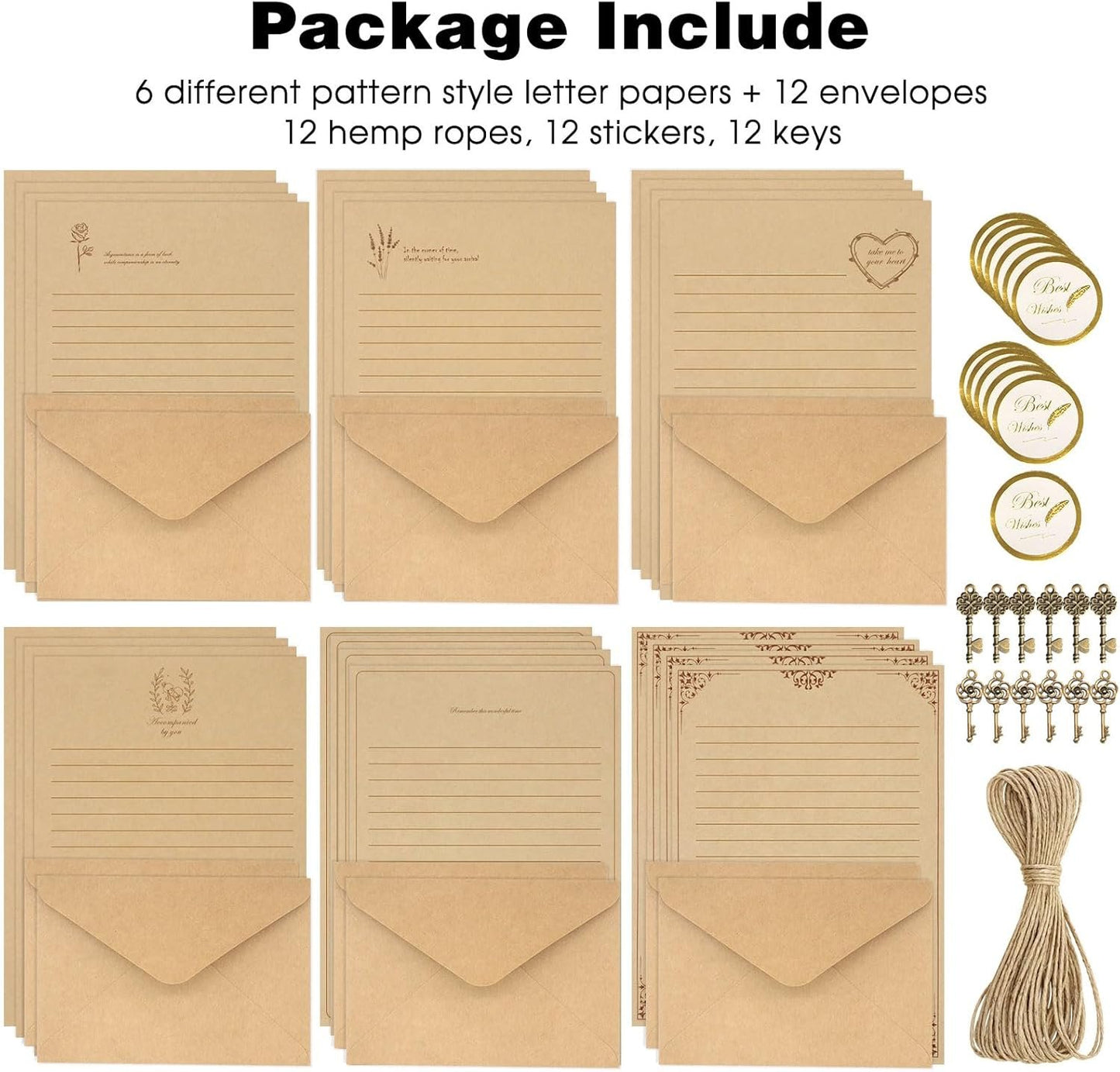 KSIWRE 72 PCS Vintage Stationery Set,24 Stationery Writing Papers with 12 Matching Envelopes,Old Looking Stationary Kit for Writing Letters and Invitations
