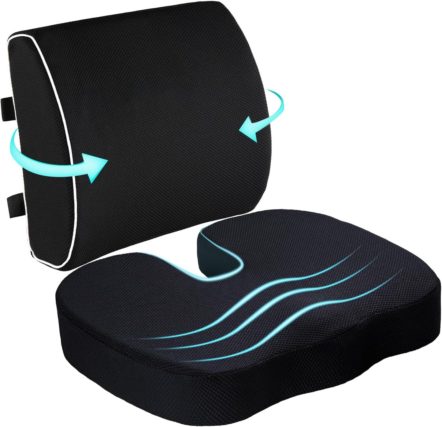 Seat Cushion and Lumbar Support Pillow for Office Chair-Gel Infused,Coccyx Orthopedic Car Seat Cushion Memory Foam Back Support Cushion for Lower Back,Tailbone & Sciatica（Black）